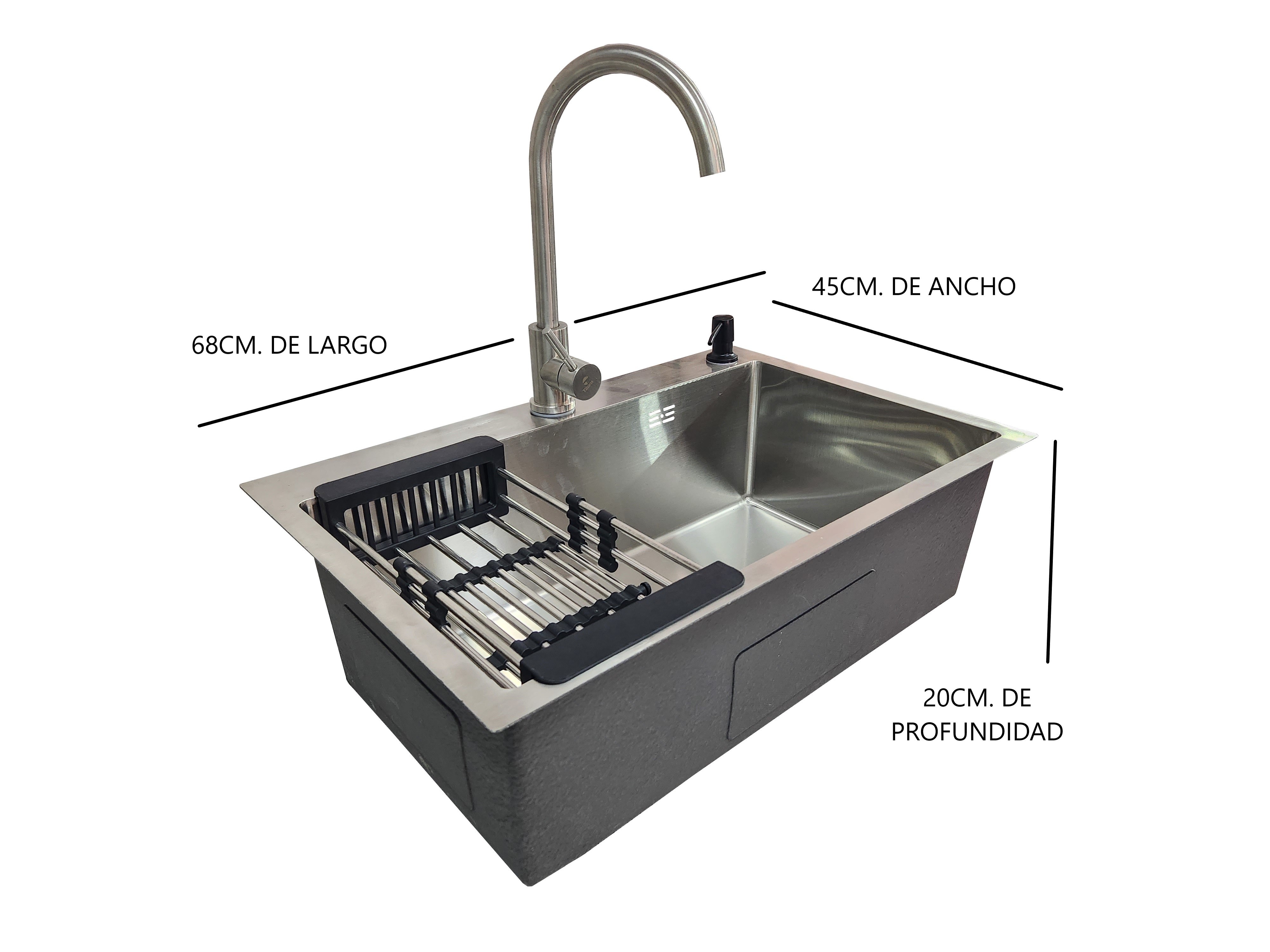 Lavaplatos 68x45 Silver con Monomando Plateado y Accesorios Negros (Promo N°11)