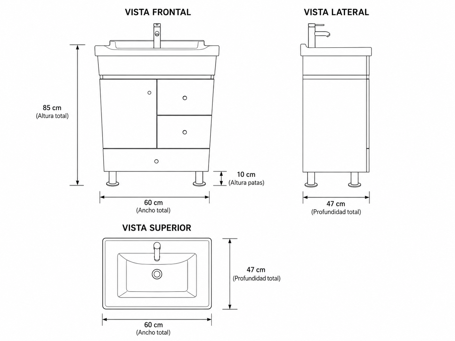 Vanitorio Toscana 60cm 3 Cajones