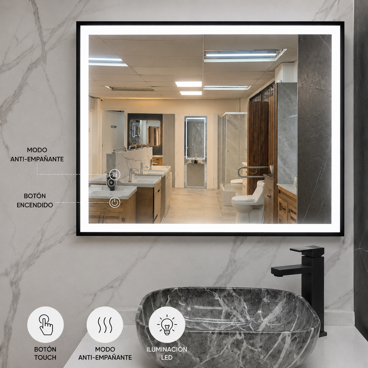 Espejo Led y Anti-empañante 80x60 Cms Con Borde Negro