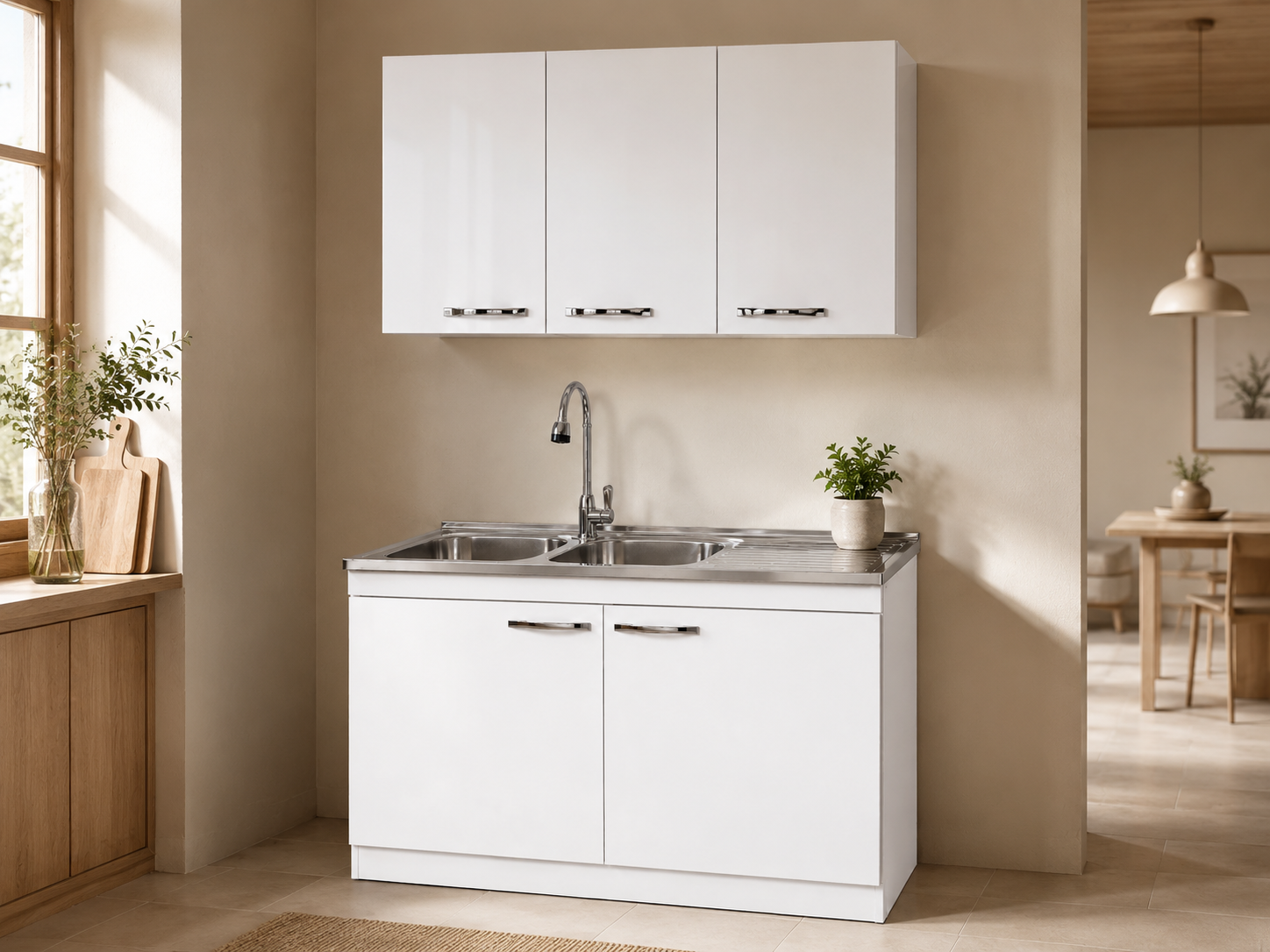 KIT MUEBLE DE LAVAPLATOS Y MUEBLE AEREO 120 CMS BLANCO