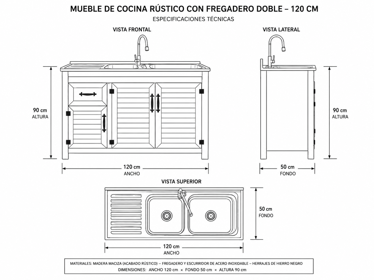MUEBLE DE LAVAPLATOS RUSTICO 120X50X90