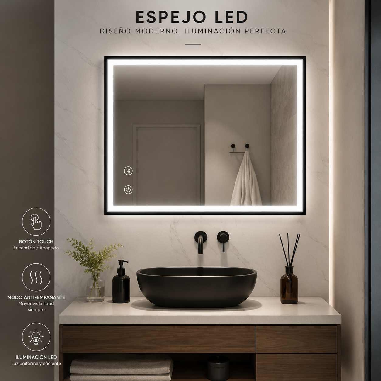 Espejo Led y Anti-empañante 80x60 Cms Con Borde Negro
